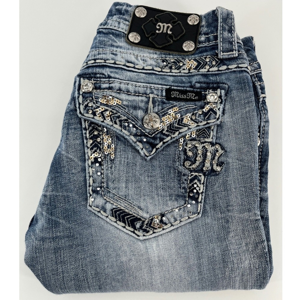 Miss Me Straight Jeans Womens 27 Blue JE8030TR Embellished Sequin Rhinestone